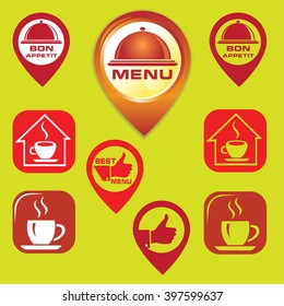 Flat and 3D restaurant icons and pointers.