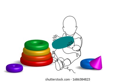 Flat and 3d style art vector illustration. Continuous line drawing. Funny baby one line sketch play color pyramid toy on white background.  Concept for greeting card, banner, poster, flyer