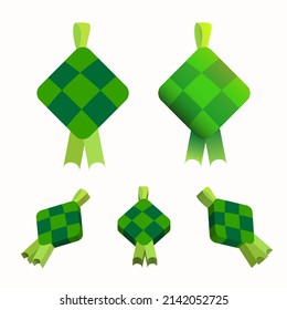flat and 3d style ramadan islamic asian traditional food ketupat element icon set