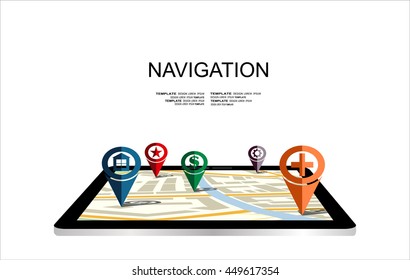 Flat 3d tablet with map navigation, concept of navigator technology.