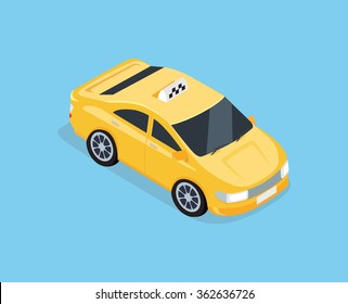 Flat 3d top view, city isometric transport icon, high quality yellow car taxi.