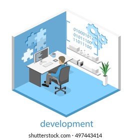 Flat 3D vector isometric concept illustration of office software developer and teamwork. development of mobile applications.