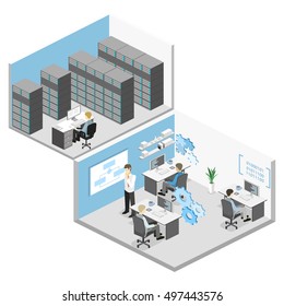 Flat 3D vector isometric concept illustration of office software developer and teamwork. development of mobile applications.