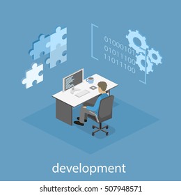 Flat 3D vector isometric concept illustration of office software developer and teamwork. development of mobile applications.
