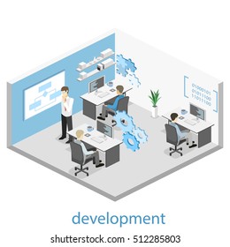 Flat 3D vector isometric concept illustration of office software developer and teamwork. development of mobile applications.