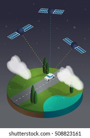 Flat 3d vector isometric illustration concept with map, white car and GPS satellite 