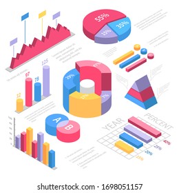 Flat 3d vector isometric infographic for your business presentations. Big set of infographics with data icons, charts and design elements. Round, triangular, flat diagram on a white background.