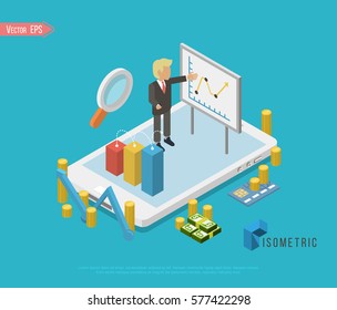 Flat 3d web isometric Business Man presentation,holding whiteboard