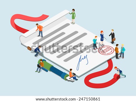 Flat 3d web isometric certificate and casual mini people infographic concept vector. Little business people around overblown paper sheet with stamp and signature. Creative people collection.
