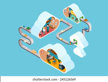 Flat 3d Web Isometric Cloud Office Rooms Collaboration Interior Infographic Concept Vector. Clouds Connected Documents, Objects. Staff Workplace, Laboratory, Meeting Room. Creative People Collection.