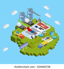 Flat 3d web isometric concept vector template. Mobile app development creative process visualization. Crane people painting changing interface on phone tablet.