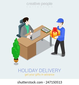 Flat 3d web isometric courier holiday gift delivery infographic concept vector. Man giving present box to woman. Creative people collection.