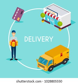 Flat 3d web isometric e-commerce, electronic business, online shopping, payment, delivery, shipping process, sales  infographic concept vector.