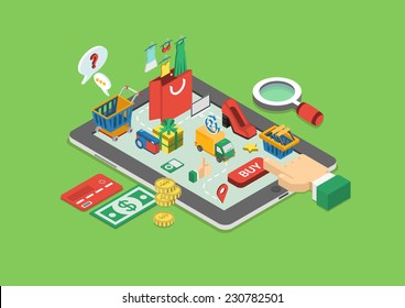 Flat 3d Web Isometric E-commerce, Electronic Business, Online Shopping, Payment, Delivery, Shipping Process, Sales, Black Friday Infographic Concept Vector. Arm Finger Touch Tablet Buy Button.