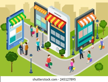 Flat 3d web isometric e-commerce, electronic business, online mobile shopping, sales, black friday infographic concept vector. People walk on the street between stores boutiques like phones tablets.