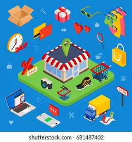 Flat 3d web isometric e-commerce, electronic business, online shopping, payment, delivery, shipping process, sales, black friday infographic concept vector