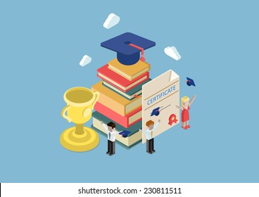 Flat 3d web isometric education, university graduation certificate, knowledge, winner trophy infographic concept vector. Graduates group celebrating. Graduation cap on heap of books, cup, certificate.