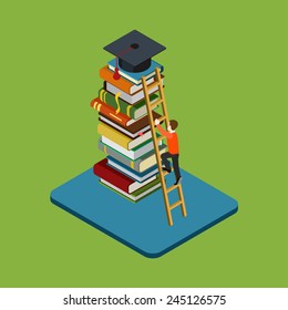 Flat 3d Web Isometric Education Graduation Infographic Concept Vector. Man Figure Climbs On Ladder Over Heap Of Books To Reach Graduate Cap. Gain Knowledge Result, University / College Classes.