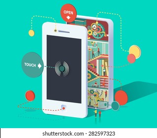 Flat 3d web isometric infographic social media promotion online marketing modern technology communication concept. Huge smartphone micro people work created Spread the word Creative collection