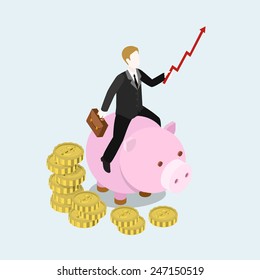 Flat 3d web isometric investor businessman entrepreneur tycoon infographic concept vector. Man riding driving piggy bank with growth data line arrow graphic whip. Creative people collection.
