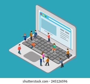 Flat 3d web isometric little people on huge oversize laptop infographic concept vector. Mini human pressing big computer button keys, surf browsing webpage. Creative people collection.