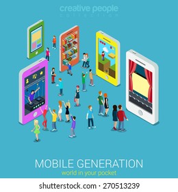 Flat 3d web isometric mobile generation infographic concept vector. Crowded street between smartphones listening music watching tv movie game play library website surfing. Creative people collection.