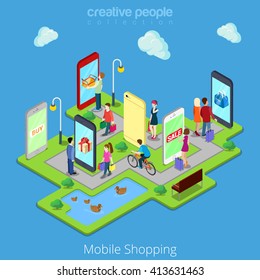 Flat 3d web isometric mobile e-commerce electronic business online mobile shopping sales infographic concept vector. People walk streets between stores boutiques inside smartphones tablets.