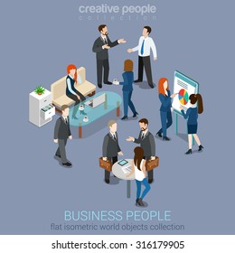 Flat 3d Web Isometric Office Room Interior Businessmen Collaboration Teamwork Brainstorming Waiting Meeting Negotiation Infographic Concept Vector Set. Creative People Collection