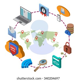 Flat 3d web isometric online safety, data protection and safe work. Isolated on  white background