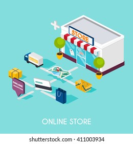 Flat 3d web isometric online shopping. E-commerce, electronic business, payment, delivery, shipping process, sales. Infographic concept vector.