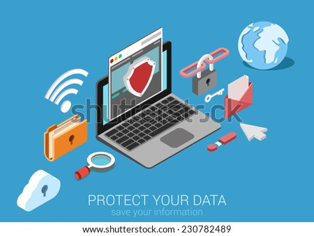 Flat 3d web isometric online safety, data protection, secure connection, cryptography, antivirus, firewall, cloud file exchange, internet security infographic concept vector. Laptop encrypt interface.