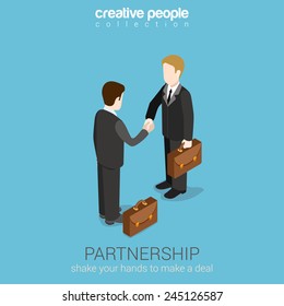 Flat 3d Web Isometric Partnership Deal Handshake To Succeed Infographic Concept Vector. Two Businessmen Shaking Hands. Creative People Collection.