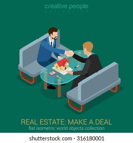 Flat 3d Web Isometric Real Estate Make Deal Contract Handshake To Succeed Infographic Concept Vector. Realty Manager Client Customer Handshake. Creative People Collection.