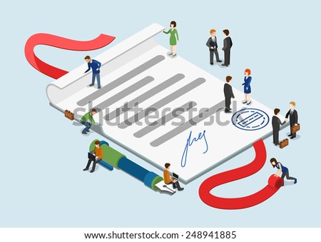 Flat 3d web isometric signed contract and mini people infographic collaboration concept vector. Little business people around overblown paper sheet with stamp and signature. Creative people collection