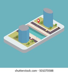 Flat 3d web vector isometric  skyscrapers on the river bank with the road and phone.Mobile GPS navigation.View a map on the mobile phone on  park and search GPS coordinates.