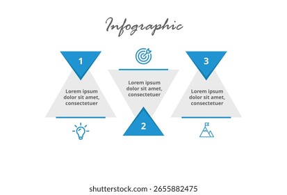 Modelo de negócios infográfico simples de 3 etapas para estratégia, cronograma, fluxo de marketing, planejamento de projetos, fluxo de trabalho e apresentações.