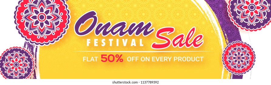 Flat 50% discount offer for Onam Festival Sale banner or header with floral designs in sticker style on abstract background.