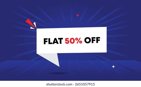 Flat 50% Off editable vector art web banner template icon badge design illustration with white shapes black red bold text dark blue light blue sun shine abstract business background unique design