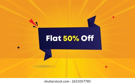 Flat 50% Off editable web banner vector art illustration label icon badge template with dark blue gradient shapes orange yellow sun shine abstract background perfect for modern business promotion
