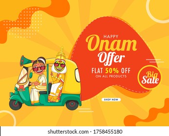 Piso 50% de descuento para el diseño de afiches de venta masiva de Onam Happy con la bailarina de Kathakali y la mujer conduciendo auto para el concepto de publicidad.