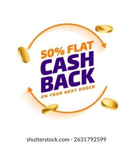 flat 50 por cento cashback promo oferta modelo para vetor de marketing web