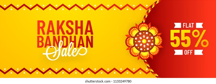 Flat 55% off offer for Raksha Bandhan sale, banner or header design with illustration of decorative rakhi on yellow and red background.