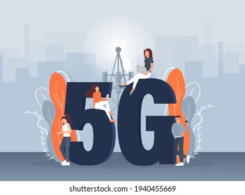 Flat 5g people on light background. Digital communication. Internet technology.