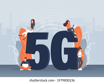 Flat 5g people on light background. Digital communication. Internet technology.