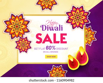 Flat 60% oferta de desconto para Diwali Festival venda, flores de estilo de corte de papel decoradas em fundo floral abstrato.