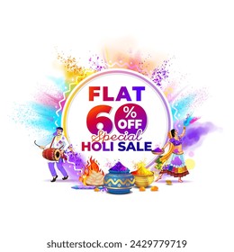 Flat 60% off Special Holi sale text with Holi festival background.