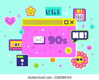 Flat 90s background. Retro internet computer window with smile stickers. 1980 digital nostalgia poster. Web system 80s, pixel elements tidy vector banner