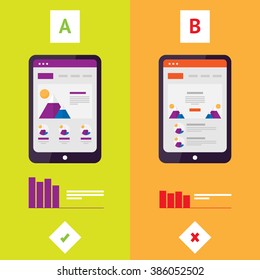 Flat AB Split Testing. Vector illustration. Results comparing two web site pages, graphics. Wireframe of mobile site on your tablet.