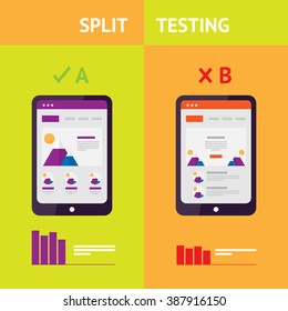 Flat AB Split Testing. Vector illustration. Results comparing two web site pages, graphics. Wireframe of mobile site on your tablet.