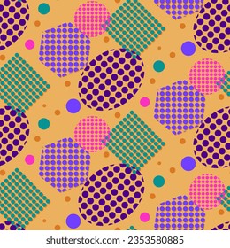 Flat abstarct shapes with dots in memphis style. Vector geometrical shapes with dots texture on yellow background. Nostalgia abstract design. Perfect for decoration, textile, wrapping, home decor